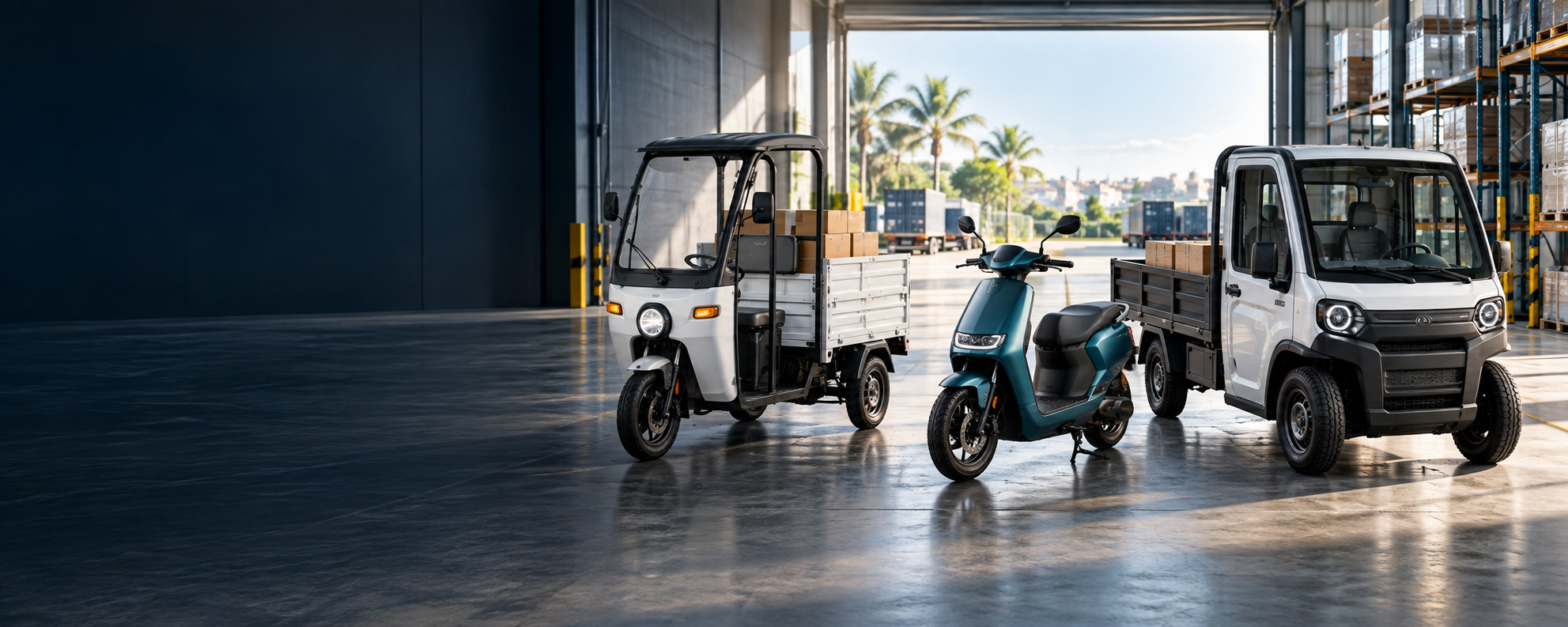 Veículos elétricos para mobilidade e carga em galpão